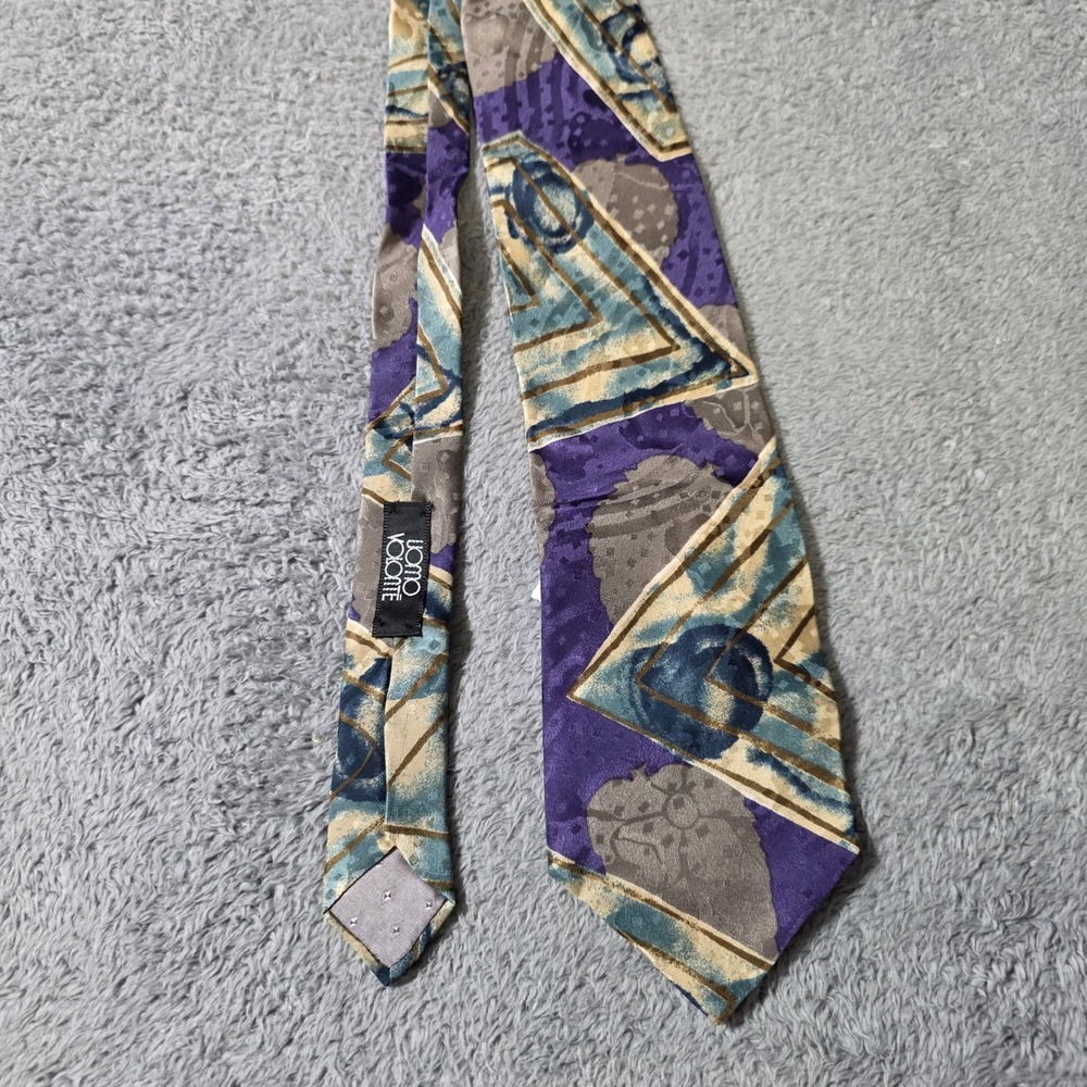 Uomo‎ Volante Mens OS Necktie Purple Gold Silk Geometric Abstract Made in Italy